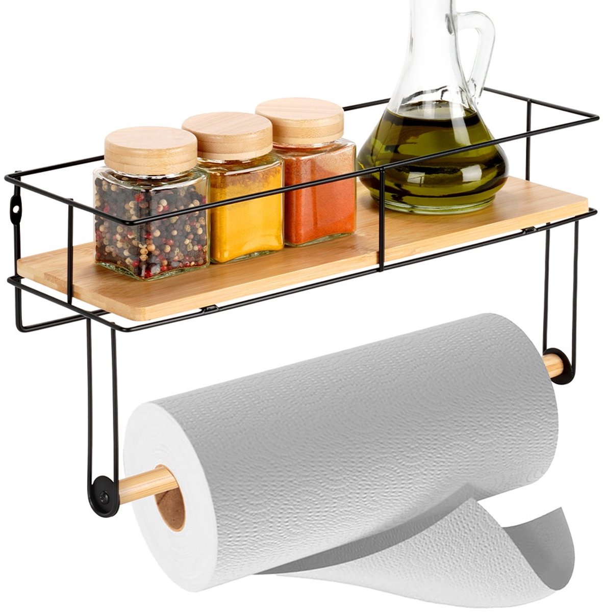 Keukenrolhouder met Plank Metaal Zwart 37x12,5x18,5cm - Papieren Handdoekenrek - Rollenhouder Hangend - Houder