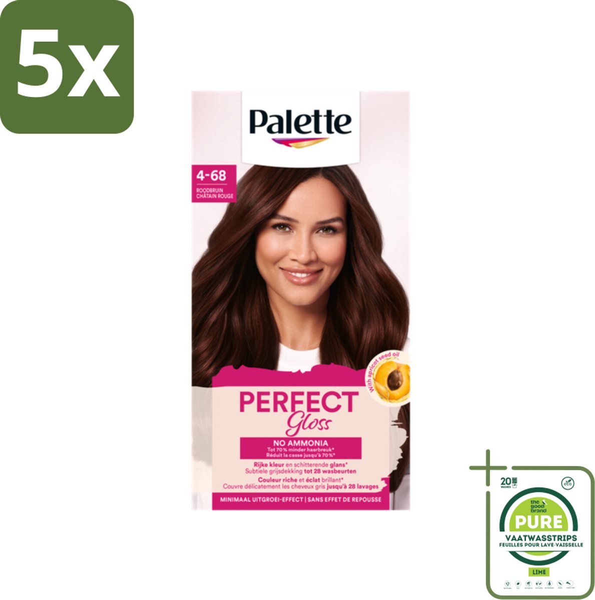 5 x Palette - Haarverf - Perfect Gloss 4-68 Red Brown - Grootverpakking - Glanzende Haarkleur - Ammoniakvrije Haarkleuring - Uitwasbare Haarkleuring - Zwart Haar - Grijsdekking