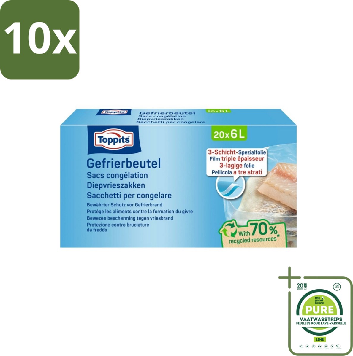 10 x Toppits – Diepvrieszakken – 6 Liter – 20 Zakjes - Grootverpakking - Diepvrieszak - Diepvrieszakjes - Diepvriesvoorraad - Vriezen - Voedsel Bewaren