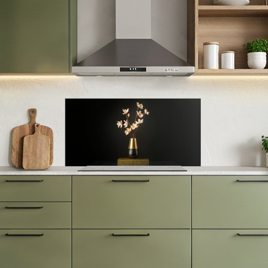 Spatscherm 90x45 cm - Zelfklevende achterwand Sierlijk - Boeket - Goud - Vaas - Keuken muurbeschermer - Spatwand fornuis