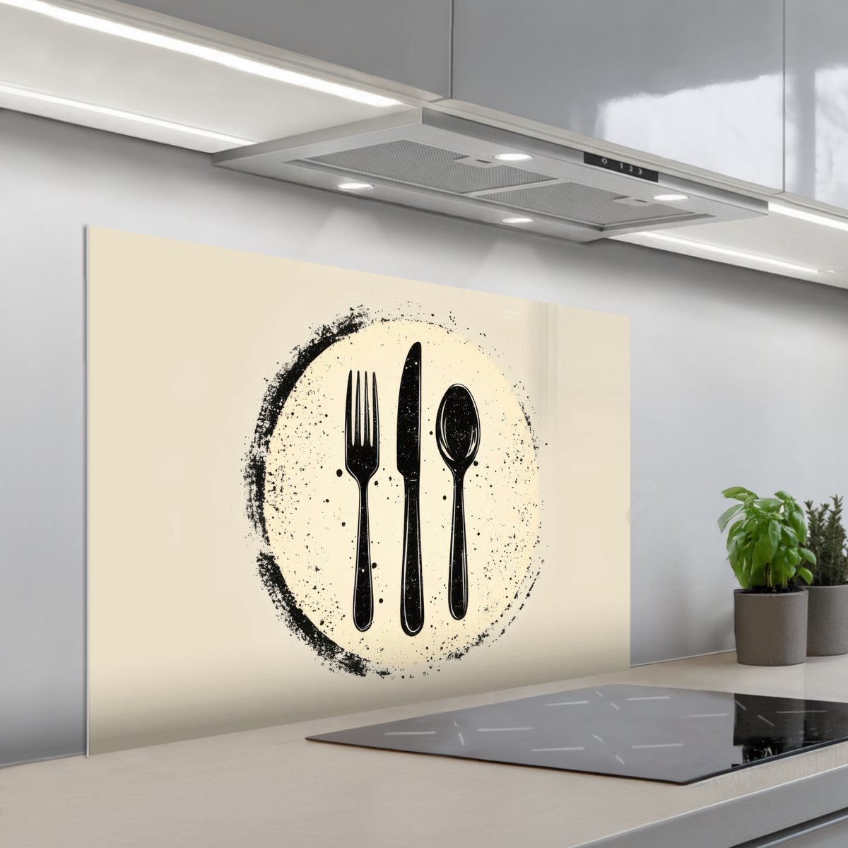 KitchenYeah Spatscherm 100x65 cm Zelfklevende achterwand Zwart Bestek Rondje Keuken muurbeschermer Spatwand fornuis