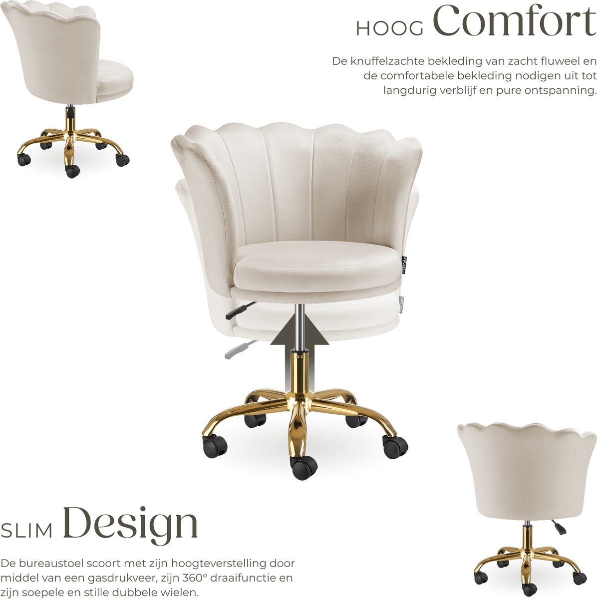 tectake® Bureaustoel - In hoogte verstelbaar draaifauteuil met fluwelen bekleding - Ergonomische schelpvorm - Stoel met wielen - Eetkamerstoel op wieltjes - 360° draaibaar - Bureau Stoel - Wit – foto 3