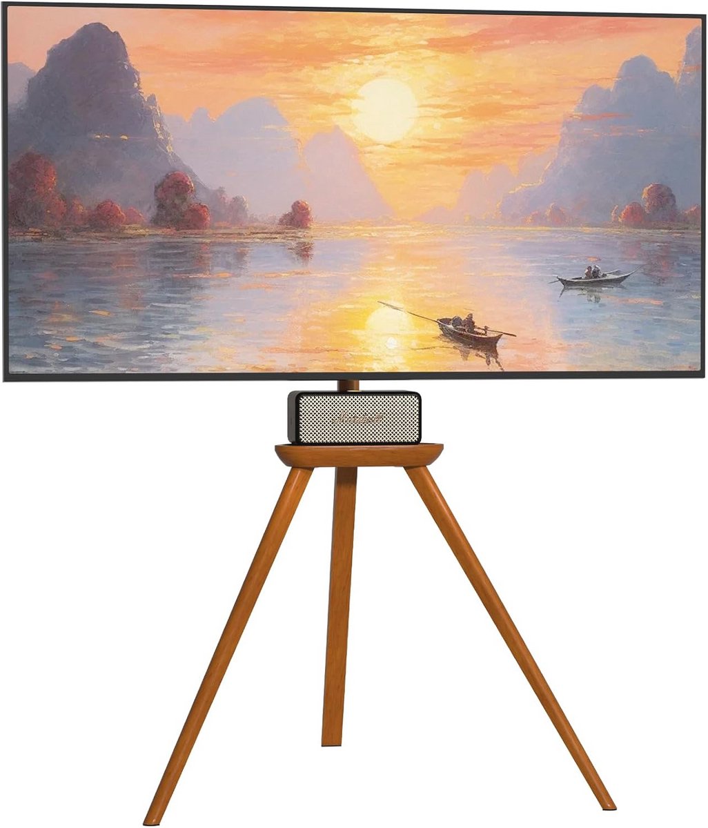 TV Stand Easel Design 45-65 inch - Beech Wood with Media Shelf Rotatable 45 Degrees