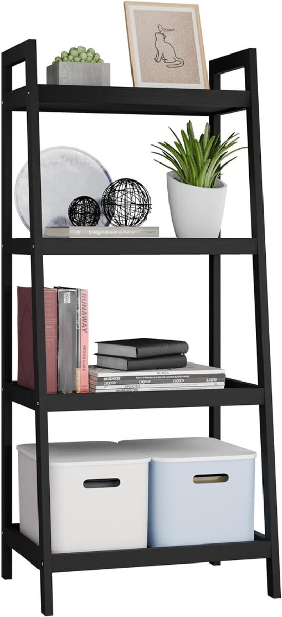 ZRSS® Ladderrek - Staande Kast - Bamboe Boekenplank - Ladderplank - 4-Laags - Zwart