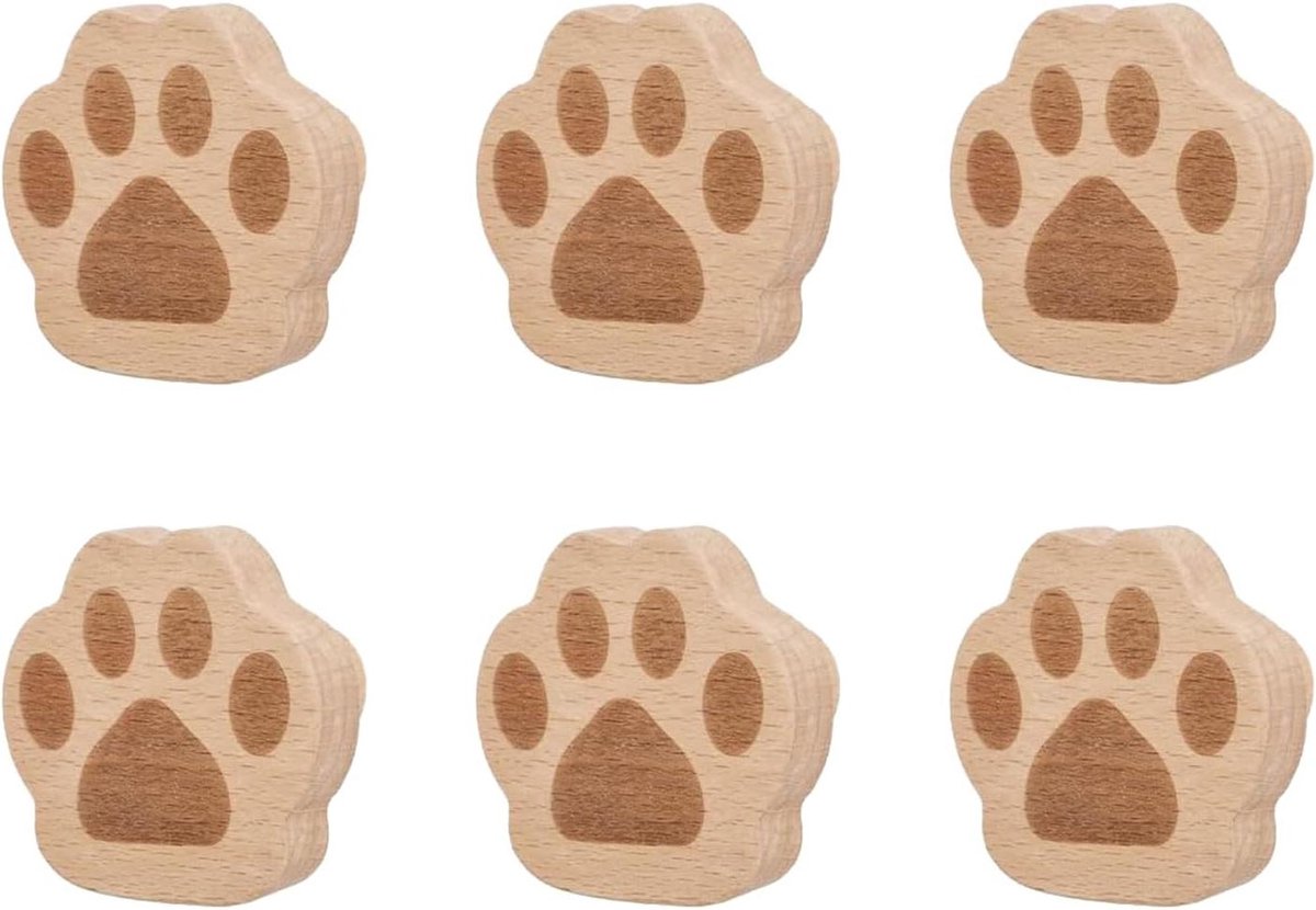 Allecta - Houten ladeknoppen met kattenpootprint, 6 stuks, trekgrepen met één gat, decoratieve meubelknoppen met schroeven, uitbreidingsbuis.