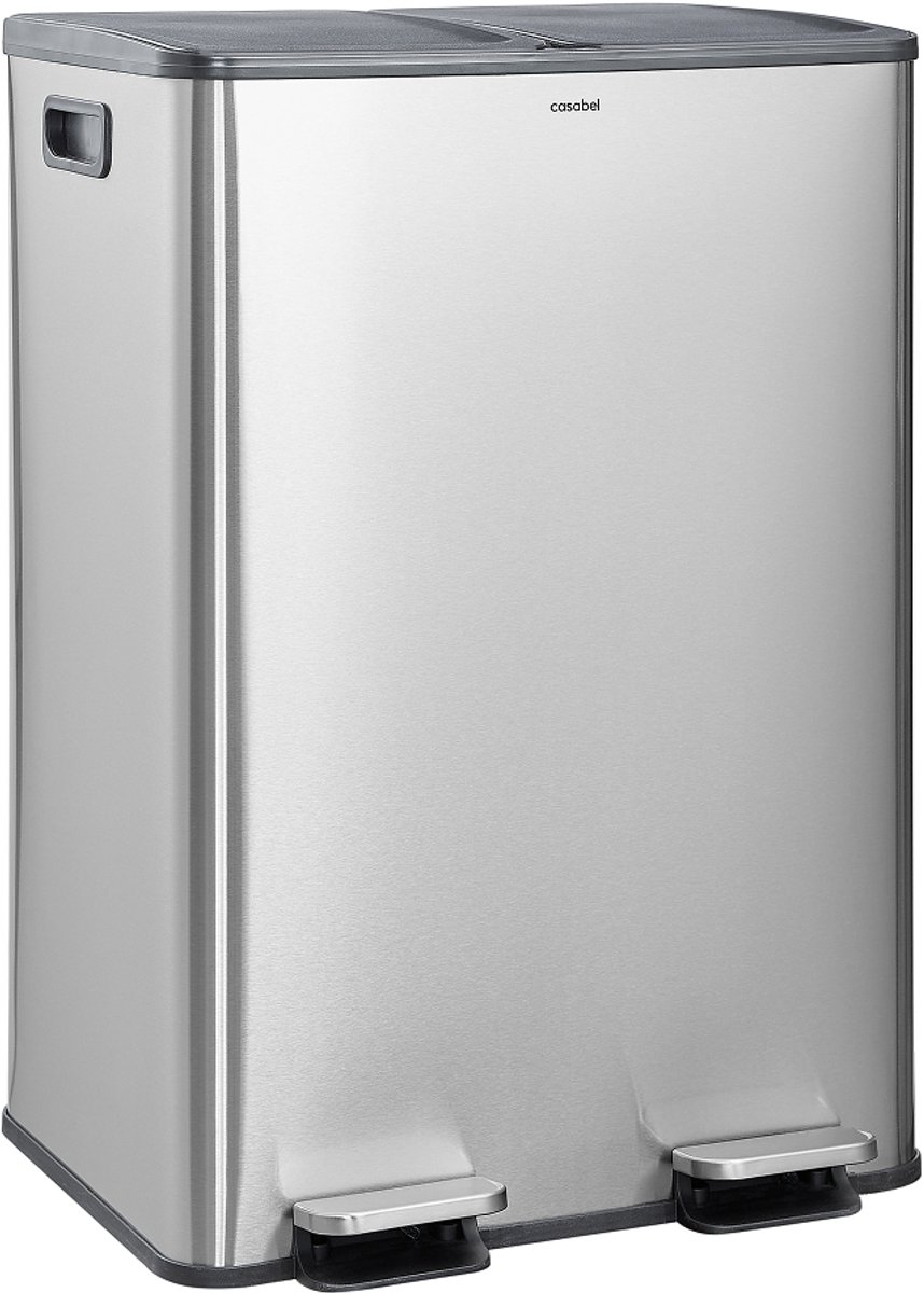 CASABEL 60L Recyclingbak, 2x30L Geborsteld roestvrij staal, chroom afwerking, dubbele compartimenten, voetpedaal, uitneembare bakken, geluidsarme deksels