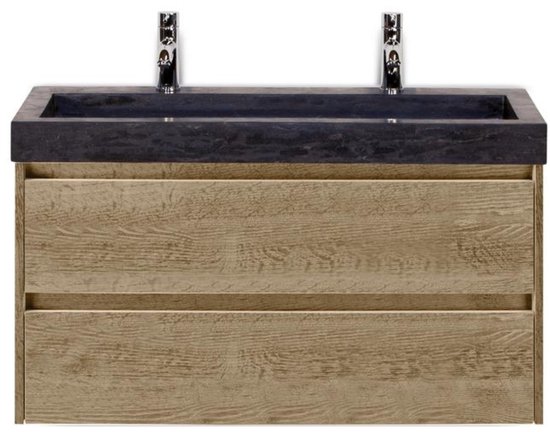 Meuble vasque avec deux tiroirs imitation chêne naturel et une vasque en pierre bleue foncé avec deux trous de robinetterie.