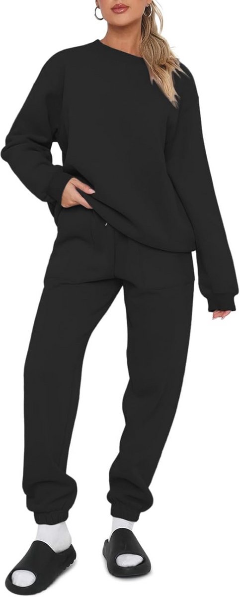 Dames Katoen Ronde Hals Trainingspak Set Lange Mouw Plus Size Lounge Wear Oversize Co Ord Sets