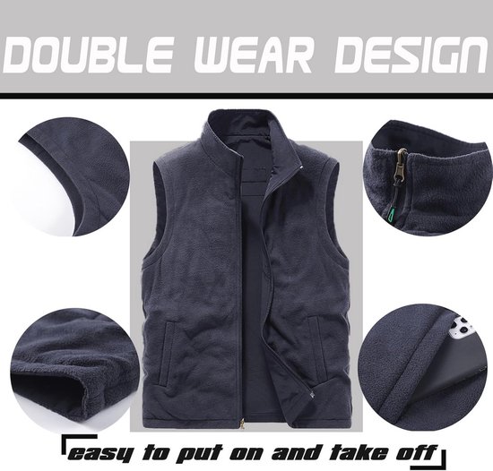 Donkerblauwe bodywarmer met opstaande kraag, ritssluiting en zakken, met details over het dubbelzijdige draagontwerp.
