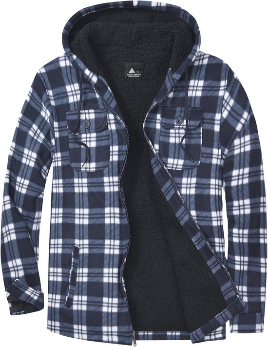 Open donkerblauw en wit geruit fleece jack met capuchon, ritssluiting en zwarte teddy voering.