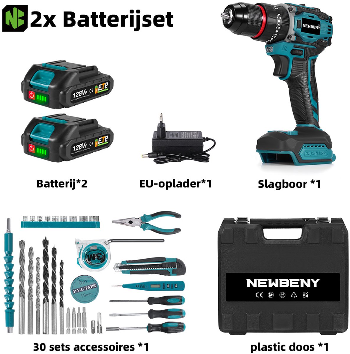NewBeny Accuboormachine - 80Nm Accu Schroefboormachine - 21V Boormachine - met 2 Accu's en Handgereedschap - Borstelloze Accuboortol - 25+3 koppelniveaus - 2 snelheden - voor Thuis & Klussen – foto 2