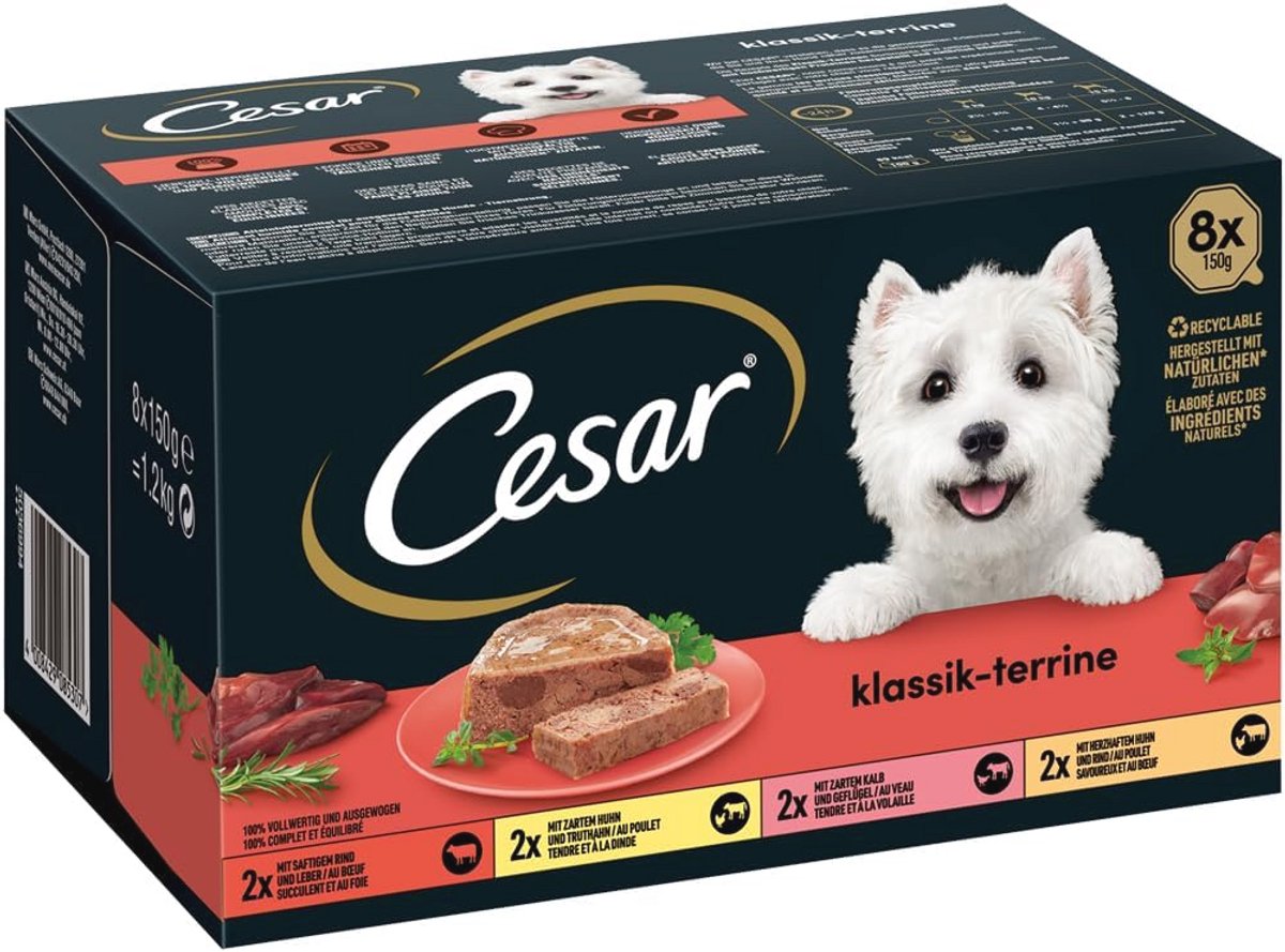 Natuurlijk hondenvoer natvoer classic selectie Terrines en Duo - 24 bakjes (3 x 8 x 150g)