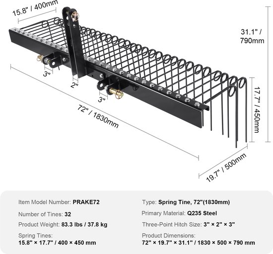 72" aanhangwagenhark, 32 stalen tanden, gazonverticuteermachine voor tractor, categorie 1, 3-puntsophanging, gazononderhoud voor bladeren, stro, gras van Merkloos	 — afbeelding 2