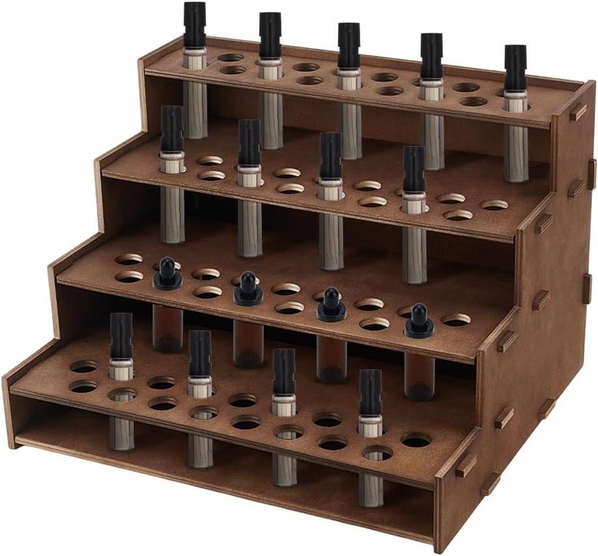 Allecta - Houten Essentiële Olie Organizer Houder met 68 Gaten - Tafelblad Display Stand - Cosmetische Opslag - Vintage Hout Parfum Rack - Geschikt voor 3, 4, 5ml Flessen