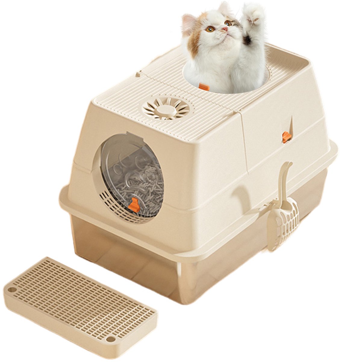 RVS kattenbak met hoge wanden & deksel - Gesloten metalen kattenbak 60x40x39 cm met traprooster - front‑in/top‑uit - schepje & uitloopreductie - 20L -kakikleur