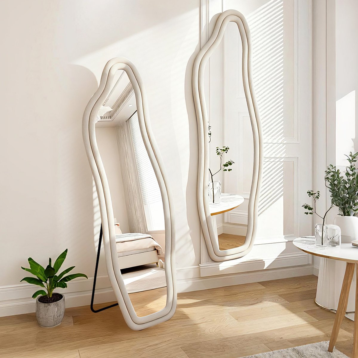 Onregelmatig Passpiegel 160x50 cm – Grote wandspiegel met Veloursrandspiegel, Multifunctionele (Opstaan/Wandhangen/Aanleunen), Designspiegel voor Dressing/Woonkamer/Slaapkamer, Wit