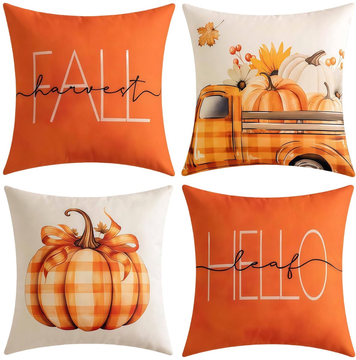 Unyqoos Set van vier decoratieve herfstkussenslopen met pompoenmotief voor woonkamer Oranje