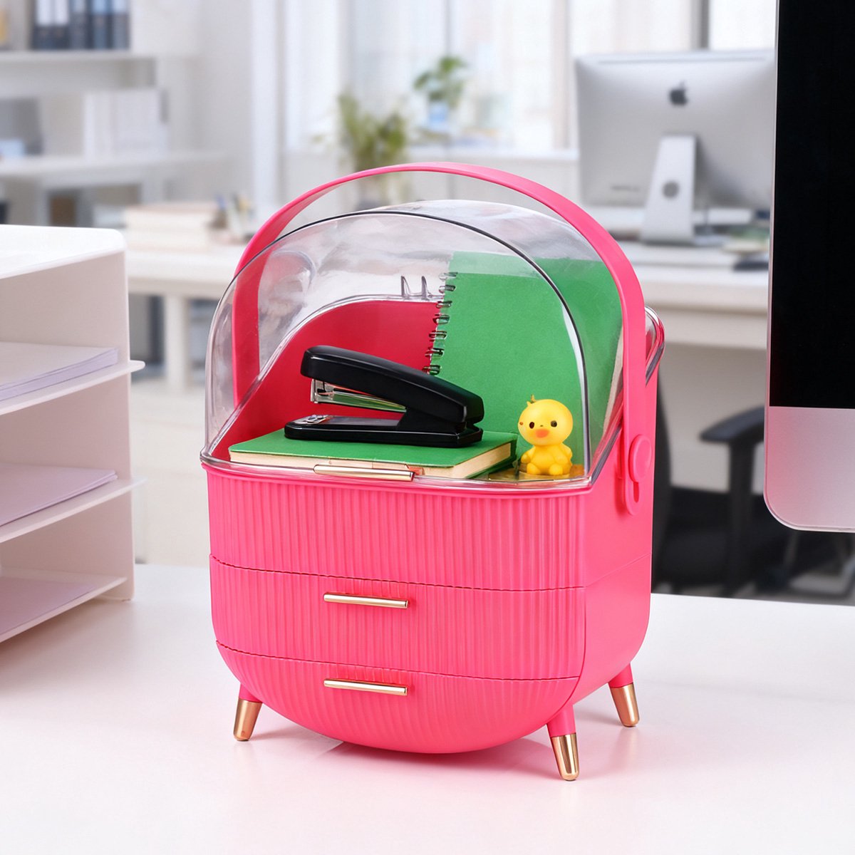 NETTLIFE Make Up Organizer - Skincare Organizer - Organizer Make Up - met 3 niveaus - Make up koffer - Opbergdoos - draaibare handgreep en doorzichtig deksel - Water- en stofdichte cosmetica - Magenta