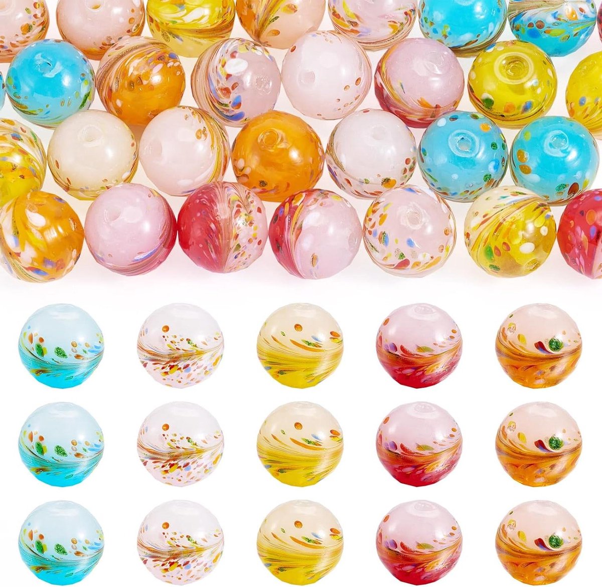 Allecta - Lampwork kralen 12 mm - Bloemmotief - Set van 30 stuks - Voor sieraden maken
