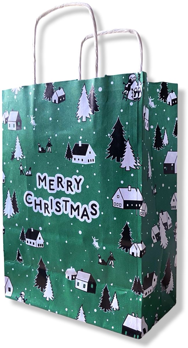 5 Kerst Cadeau tasjes - Papier - Zwart/Goud - Merry Christmas - 18x8x24cm (A5) - Kadotasjes