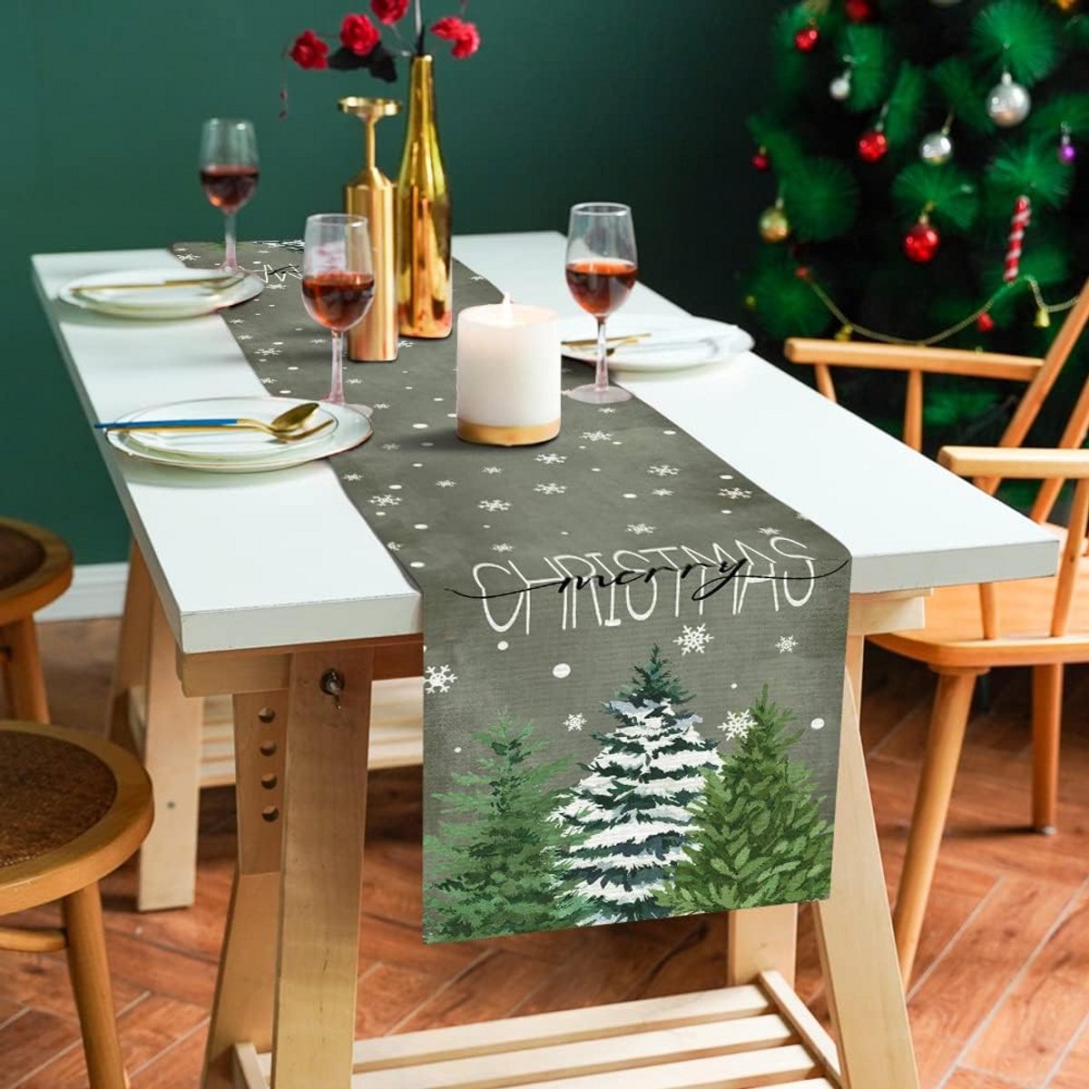 Kerst tafelloper linnenlook 33 x 183 cm - Afwasbaar tafelkleed voor winterse decoratie