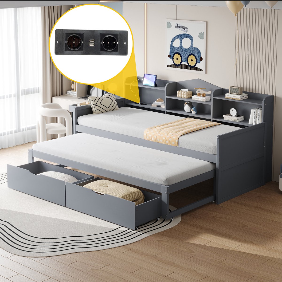 MODFU Bedframe 90x200 cm – grijs massief hout – uitklapbaar bed (90x190 cm), met laden, opbergruimte en USB