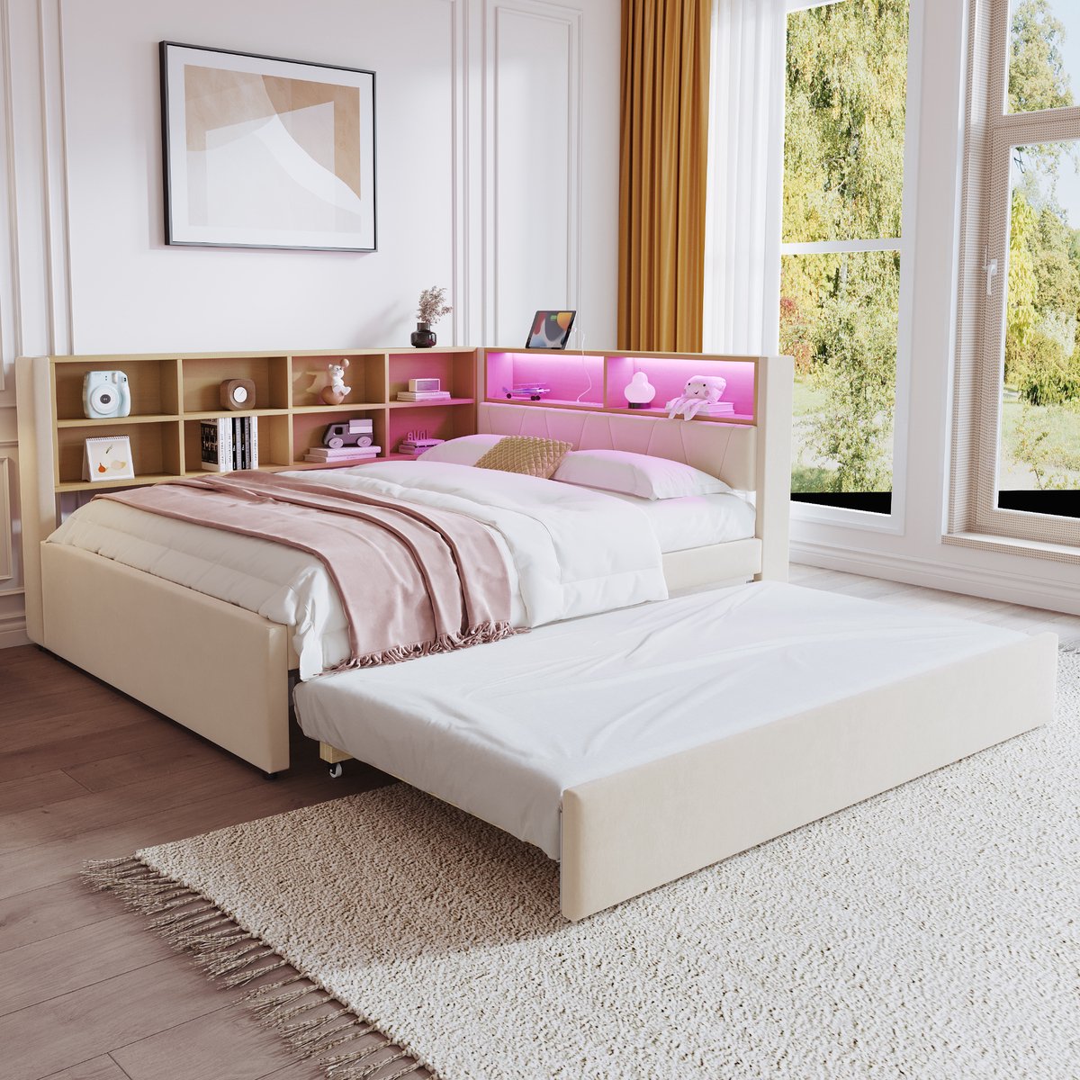 MODFU Slaapbank 140x200 cm – beige flanel – met uitschuifbed (90x190 cm), LED en USB/Type-C/stopcontact