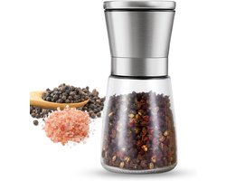 180 ml Premium Handmatige Pepermolen - Verstelbaar Keramisch Mes - Keuken Kruidenmolen - Zout- en Pepermolenfles - 6,7*6,5*13,5 cm - Voor het malen van kruiden in de keuken - Zilver