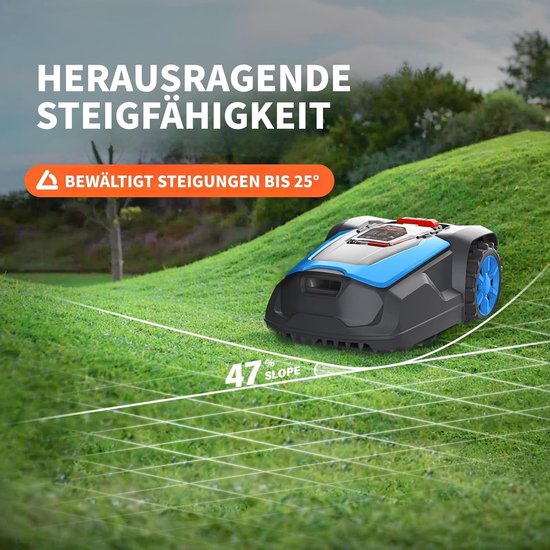 Robotmaaier 1200 m² met App, Zelfopladend, 22 cm Maaibreedte, Obstakeldetectie, Hellingen 47%, Waterdicht IPX5