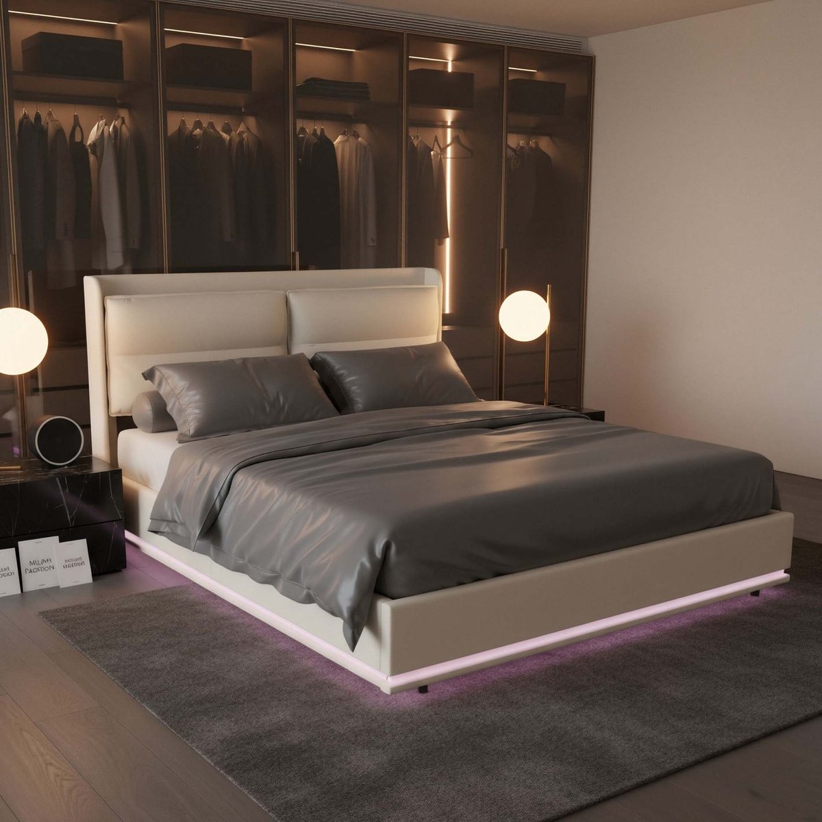 ADFBL Hydraulisch Opbergbed 160x200cm - met LED & Laadstation - Bed met Afneembare Rugleuning (Rits) - Modern Tweepersoonsbed met USB & Type-C - Inclusief Lattenbodem - Beige Fluweel