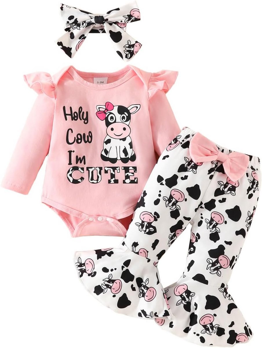 Schattige Baby Meisjes Kleding Set Roze – Romper, Broek en Hoofdband - Melkkoe Patroon - 0-18 Maanden