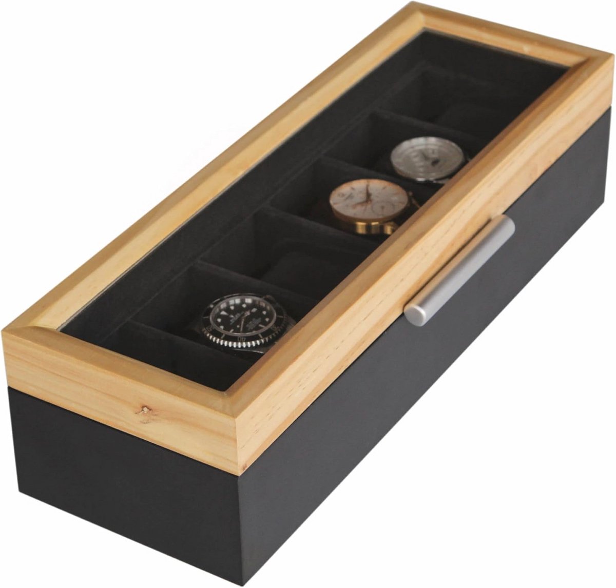Horlogedoos voor 6 Horloges met Echt Glas - Tweekleurig Hout en Modern Ontwerp