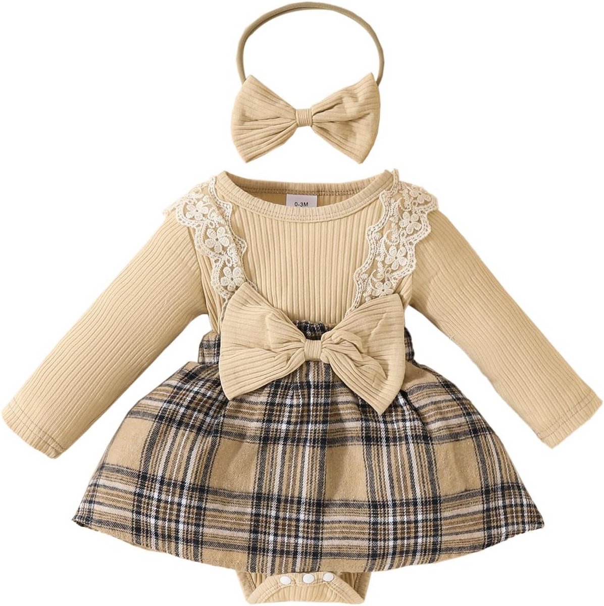 Schattige Baby Meisjes Outfit Set: Geruite Jurk met Lange Mouwen, Romper en Strik Haarband (0-18 Maanden)