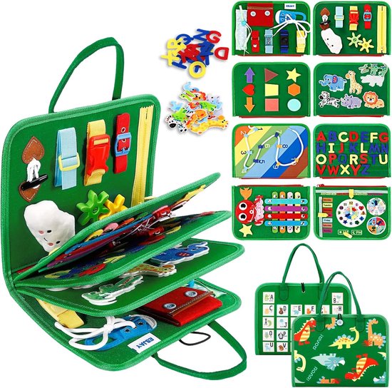 Busy Board Montessori Speelgoed – Busy Book voor Peuters – Sensorisch & Stil Activiteitenbord – Educatief Leerboek voor Kinderen – Reisspeelgoed Auto & Vliegtuig – Cadeau voor Jongens & Meisjes – Groen