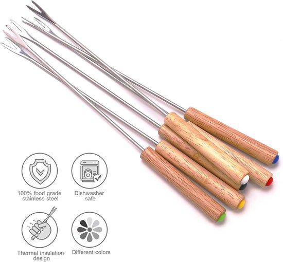 6 stuks - roestvrijstalen fonduevorken - lange fondue prikkers - met houten handvat - ideaal voor chocoladefontein, kaasfondue, geroosterde marshmallows en fruit - 24cm — afbeelding 4