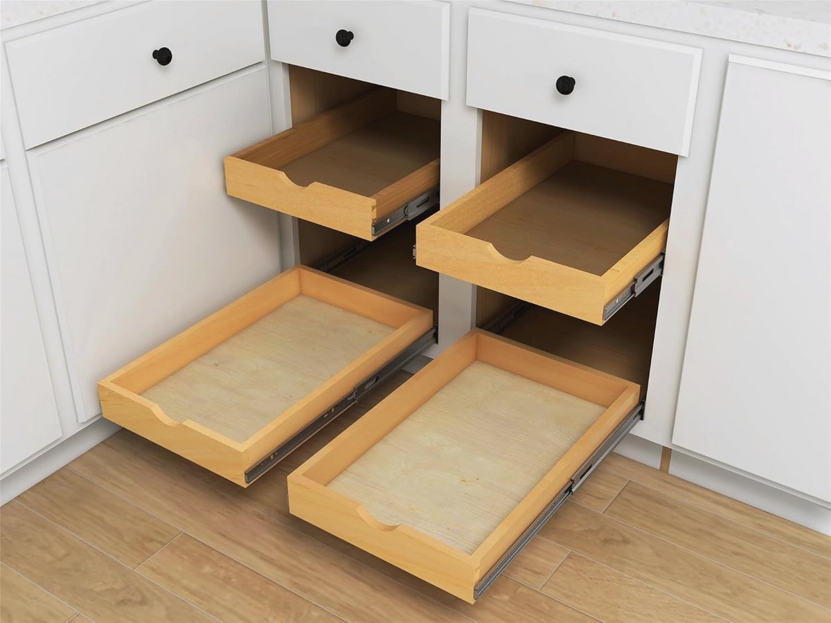 Uittrekbare houten keukenkast organizer met zijhouders