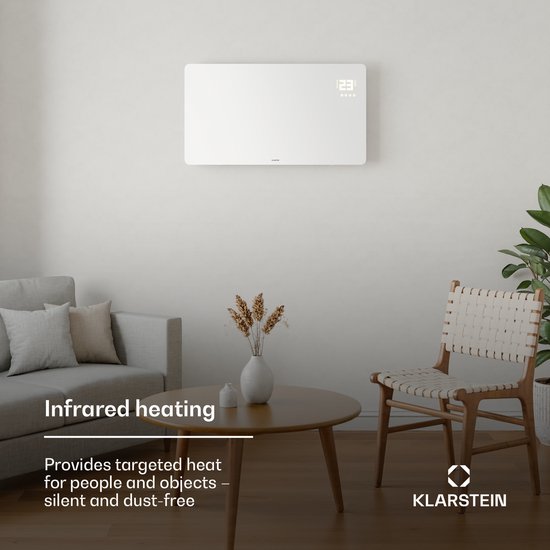 Klarstein Infraroodpaneelverwarming 480 W – Aan De Muur Of Losstaand Te Gebruiken Slimme App En Spraakbesturing Glazen Ontwerp Thermostaat Timer Kinderslot Ip43 Voor Ruimtes Van 9 M Wit