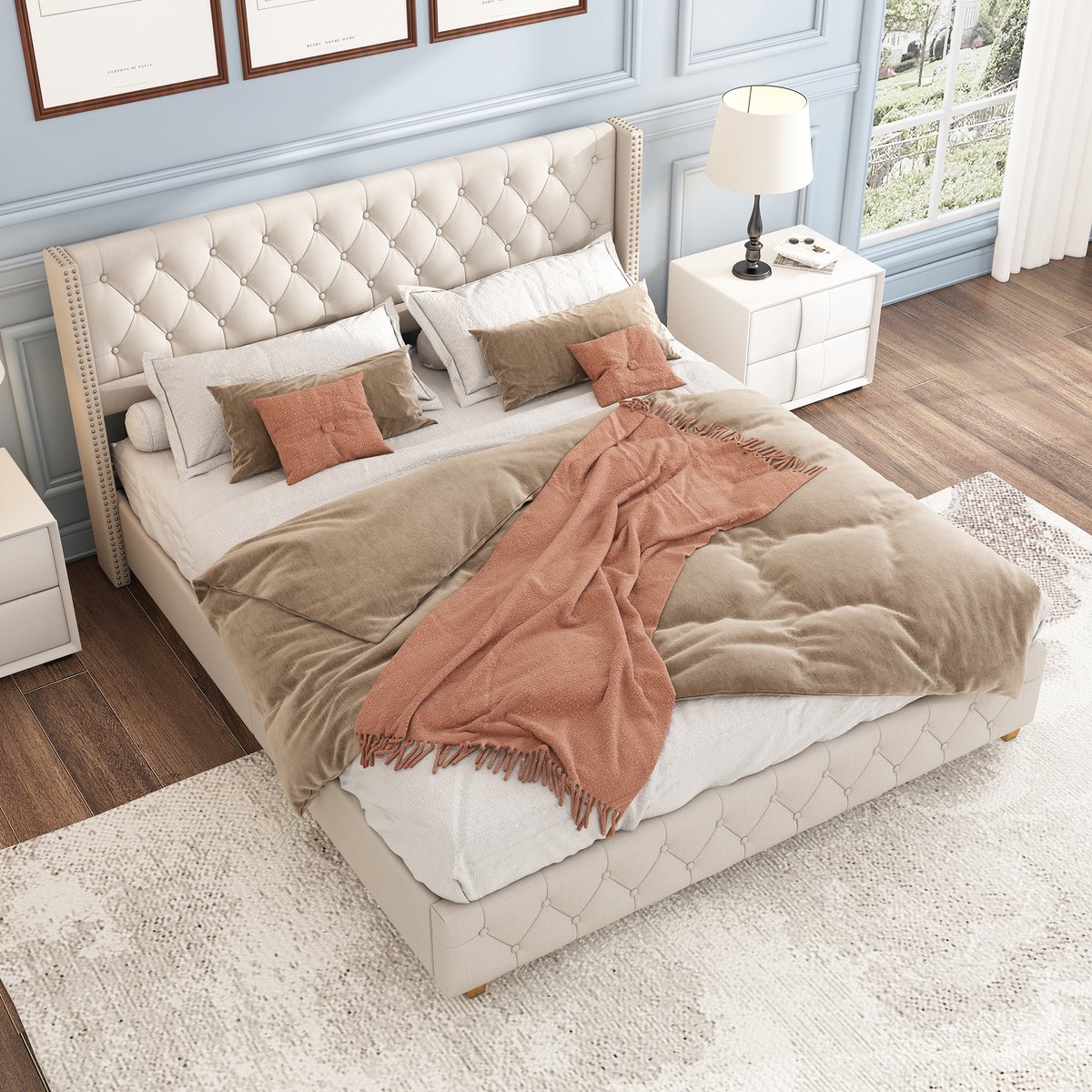 HAUSS SPOLE Gestoffeerd Bed 160x200 cm - Knoopgestikt Hoofdeinde - Versterkte Houten Poten - Met Lattenbodem 12 Latten - Linnen - Beige - Zonder matras