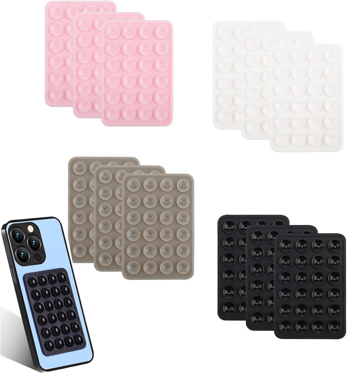 Set van 12 Vierkante Siliconen Zuignappen voor Telefoons en Gladde Oppervlakken
