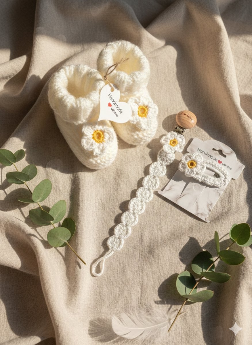 Maminobaby.nl baby geschenkset meisjes | Gebreid Babyslofjes | Handgemaakte Speenkoord en haarclip | Kraamcadeu | Babyshower