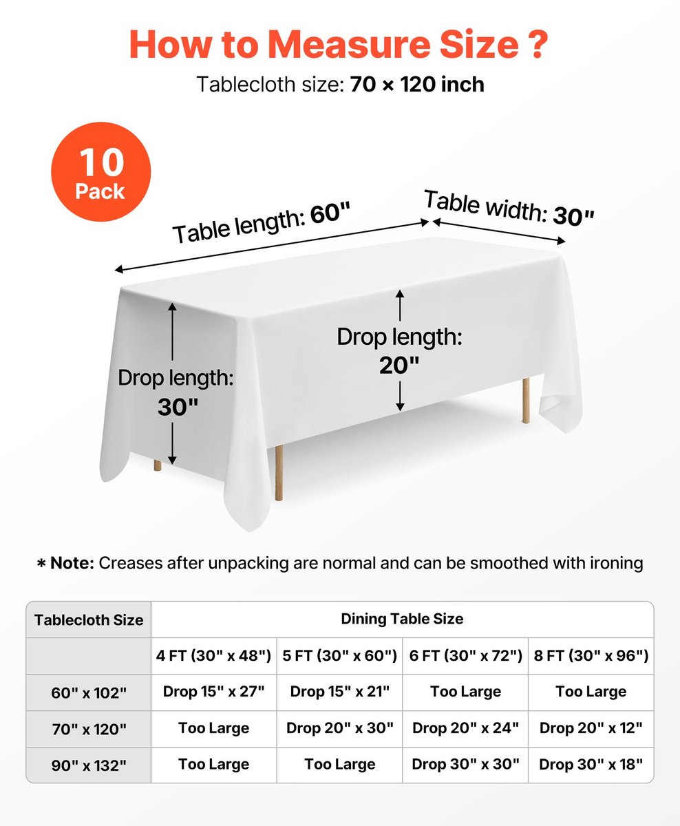 Tafelkleed - Set van 10 - Afmeting 178 x 305 cm - Rechthoekig - Herbruikbaar - Machinewasbaar - Polyester - Voor Feesten en Bruiloften - Wit