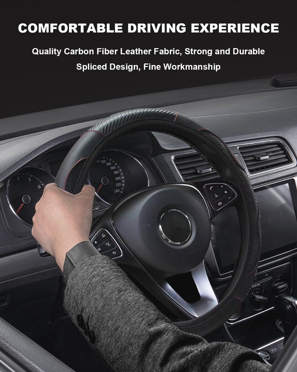 Universele Leren Stuurhoes voor Auto - Antislip, Ademend, Microvezel, 37-38 cm, Zwart/Rood – foto 3