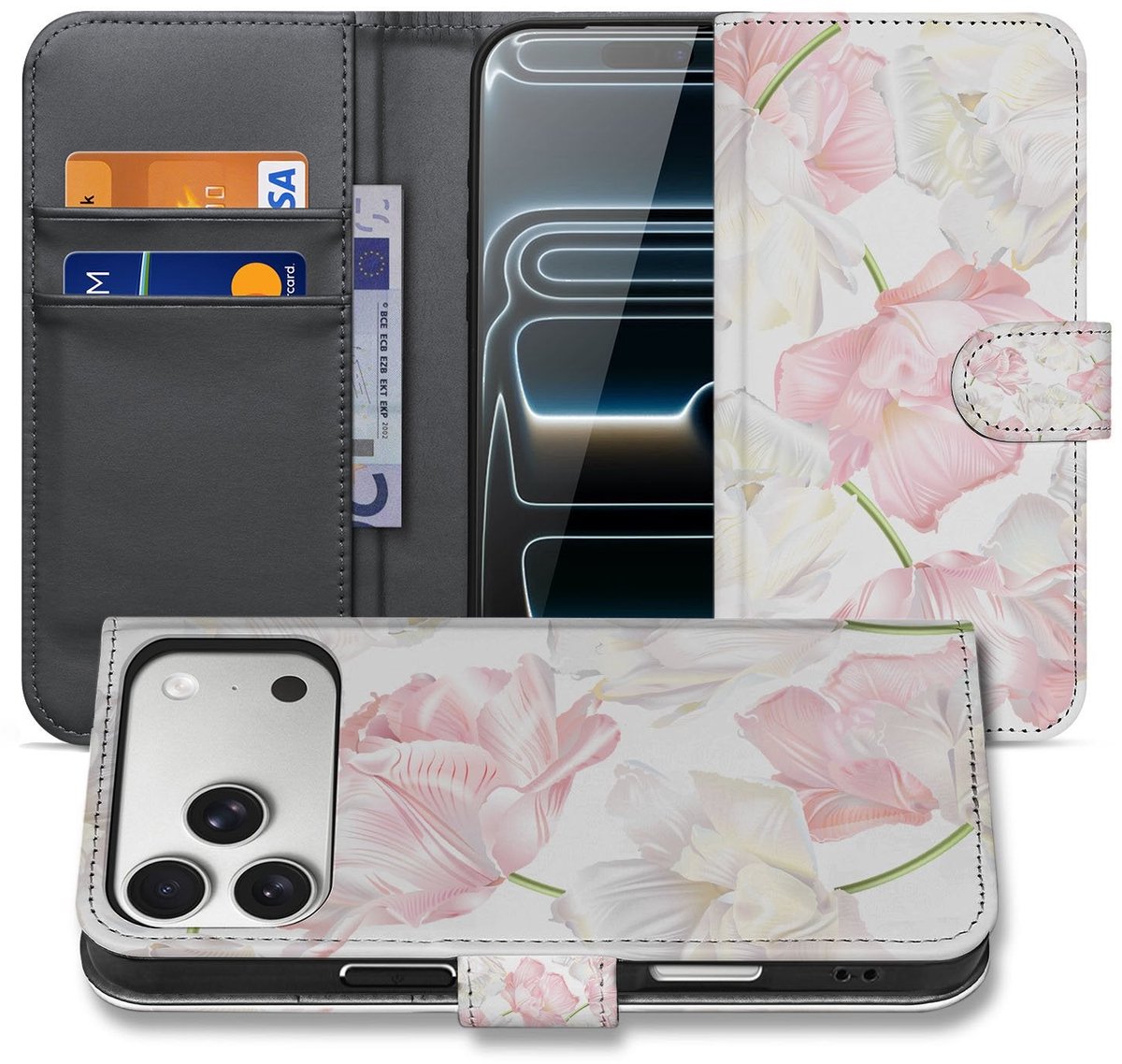 Apple iPhone 17 Pro Bookcase Hoesje Lovely Flowers Roze Wit Met Magneet