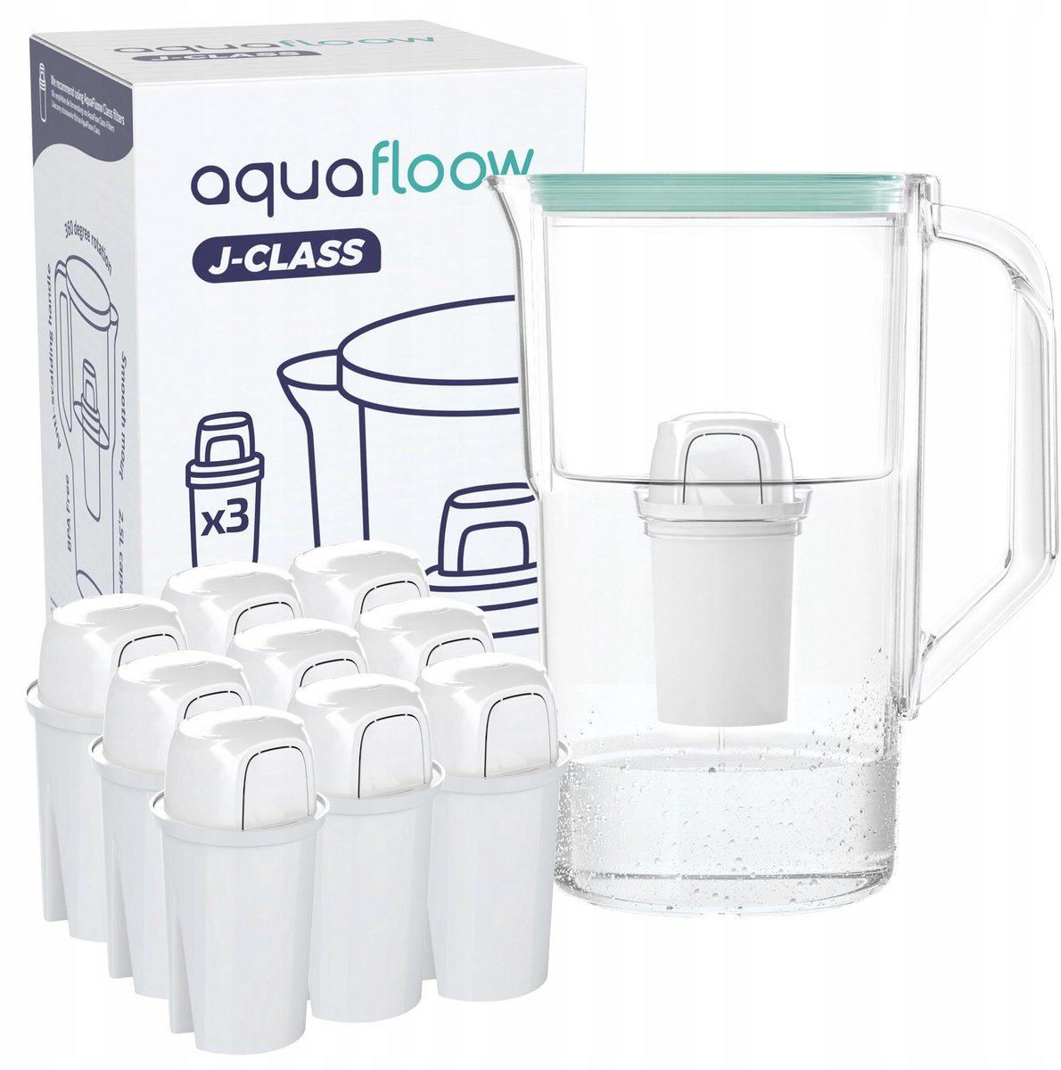 AquaFloow, Waterfilterkan AquaFloow J-CLASS 2,5L - kunststof - vermindert chloor, kalkaanslag en onzuiverheden - set met 10x waterfilters AquaFloow Class - mint