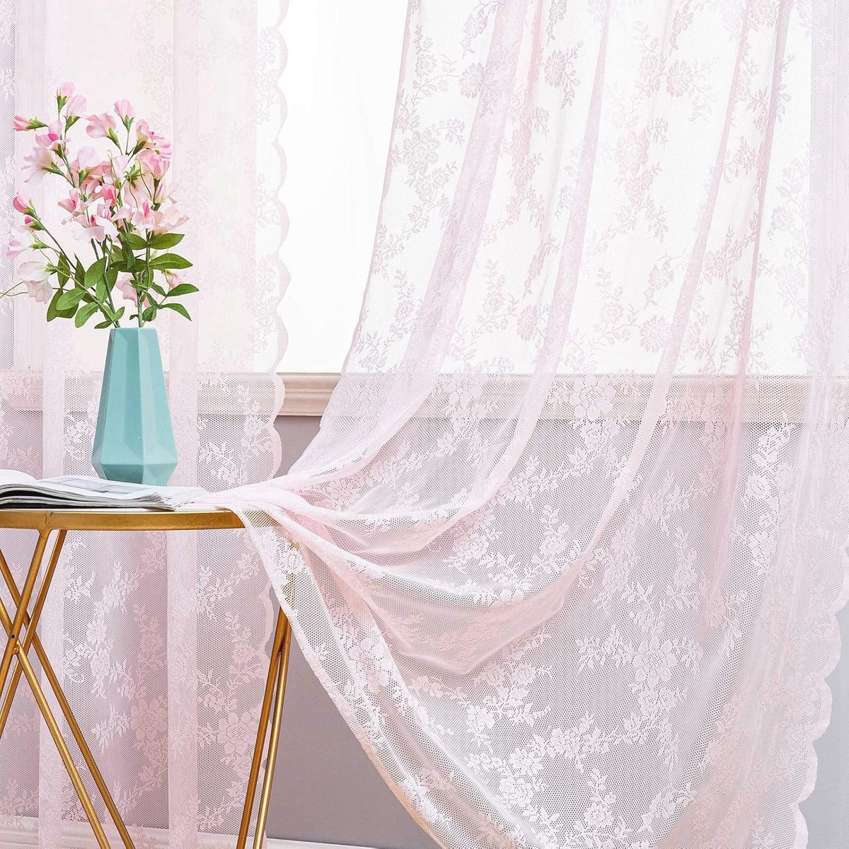 Transparante Kanten Gordijnen met Bloemenborduursel - Roze Gordijnen voor Slaapkamer en Woonkamer 2 x 150 x 260 cm
