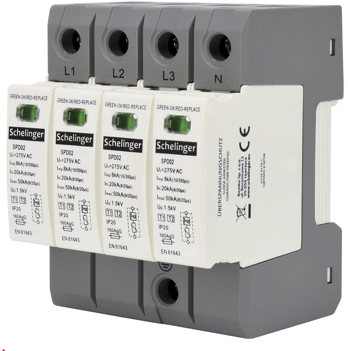 Schelinger Overspanningsbeveiliging 4-polig T1+T2 (B+C) - 7kA - 275V AC - DIN-rail - IP20
