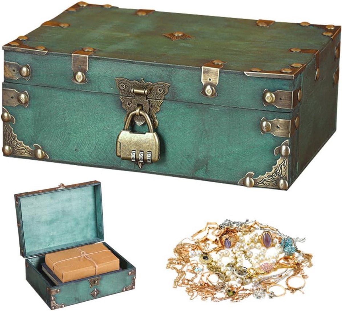 Vintage houten schatkist met cijferslot voor kinderen