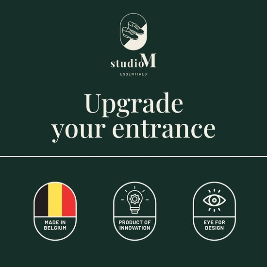 Logo Studio M met de tekst 'Upgrade your entrance', 'Made in Belgium', 'Product of innovation' en 'Eye for design'.