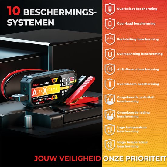 Batterie de démarrage AutoXtreme avec 10 systèmes de protection, y compris protection contre les surcharges et les courts-circuits.