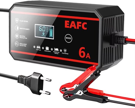 EAFC Auto Acculader - 12V 6A - Reparatiemodus - Druppellader - Accu Lader voor Auto - Motor - Scooter - Boot - Camper - zwart - Sinterklaas cadeau auto